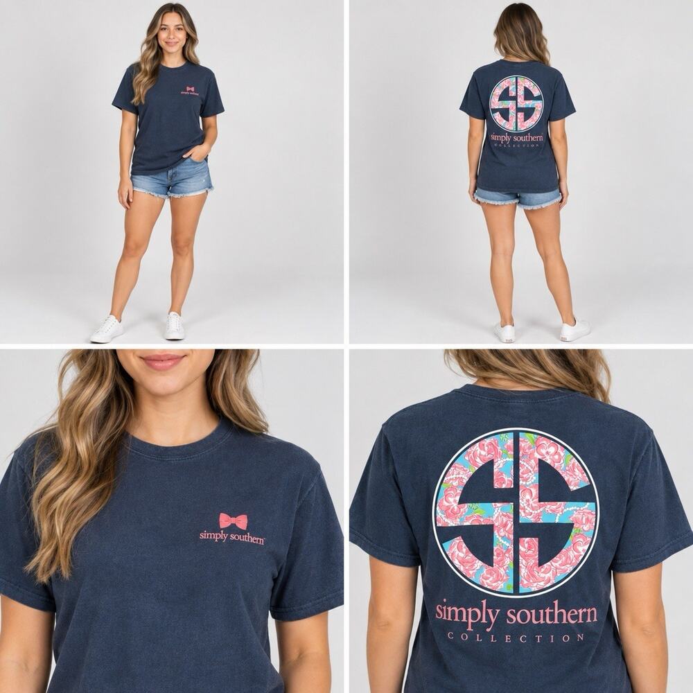 Simply Southern Women’s Medium Navy Floral Logo Graphic T-Shirt Pink Blue